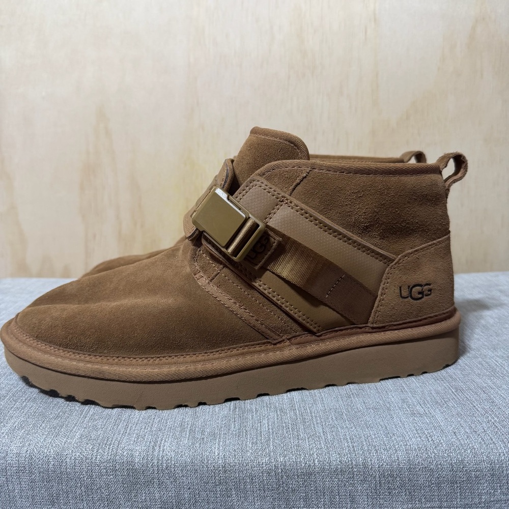 UGG Neumel Boot Snapback Chestnut Low Strap Suede Shearling Lined Slip On Sz 14